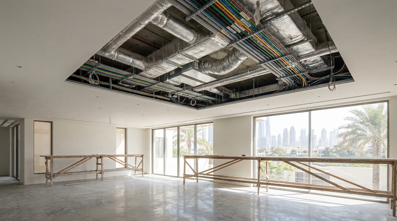Dubai villa automation coordination with electrical routes, ceiling services, security, and lighting control points