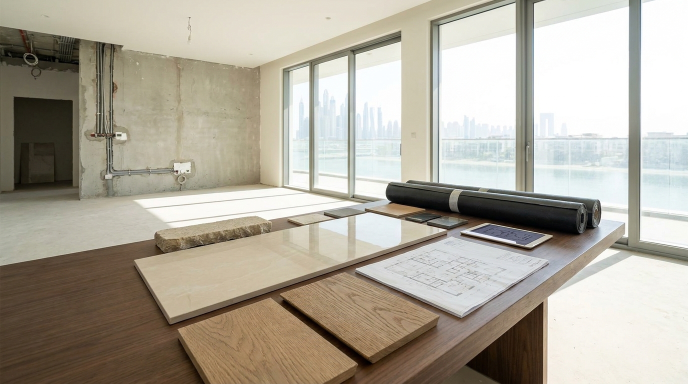 Smart home renovation materials and control interfaces coordinated with finishes, joinery, and MEP access